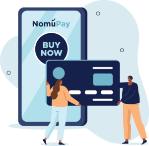 Illustrated phone screen with the NomuPay logo and a Buy Now button on it.