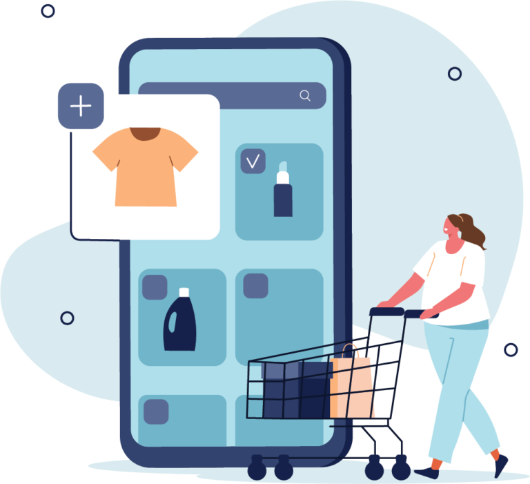 An illustration of a woman pushing a shopping cart. Behind her is an enlarged illustration of a phone with various products on the screen.