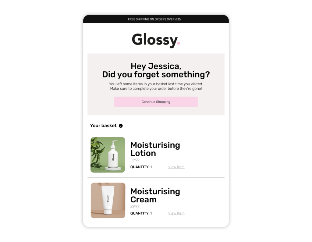 Example of an abandoned cart email