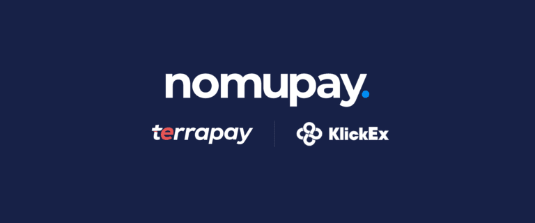 深蓝色背景上的 Nomupay、terrapay 和 KlickEx 徽标