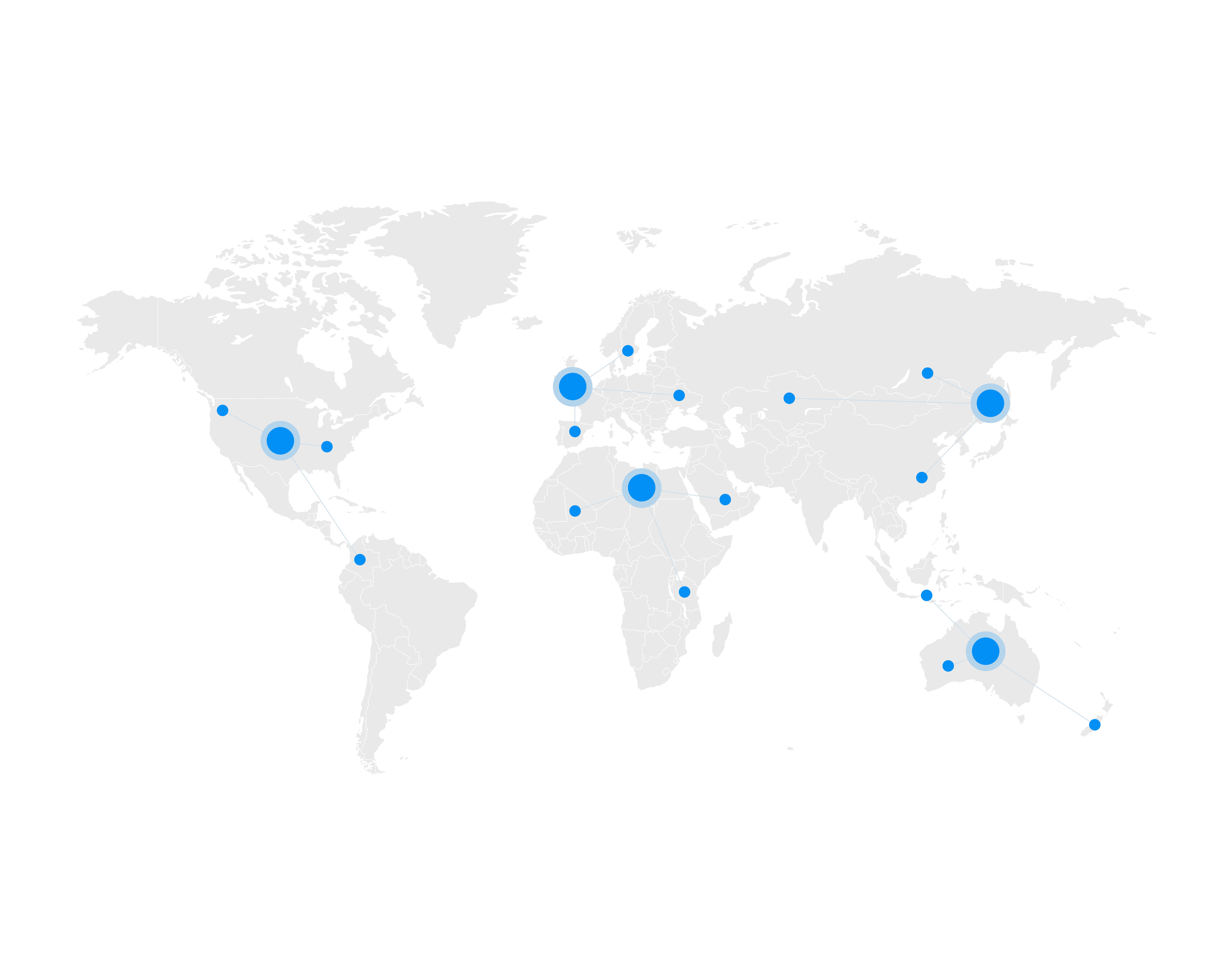 A world map with multiple large blue dots and smaller blue dots, sporadically connected. Representing multiple acquirers processing in different regions.