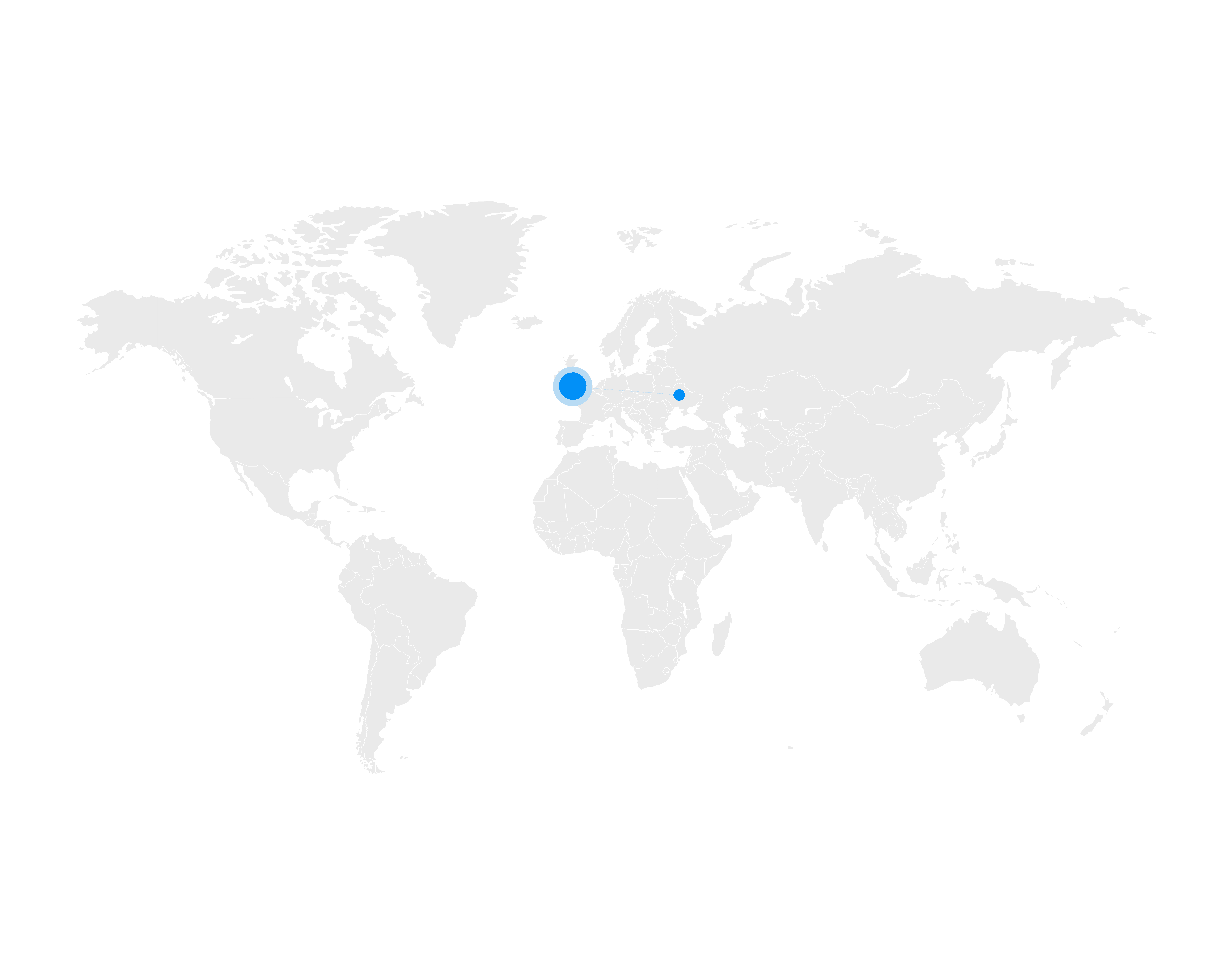 World map with two blue dots highlighting locations in central Europe. The larger one represents the acquirer and the other represents the location it is processing in