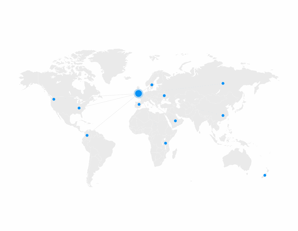 An image of a world map with a large dot over the UK connected to multiple smaller dots all over the world