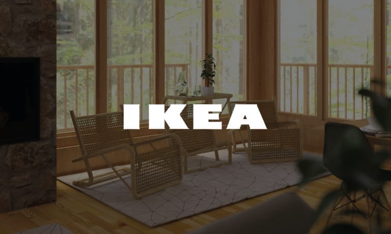 IKEA logo with a living space background