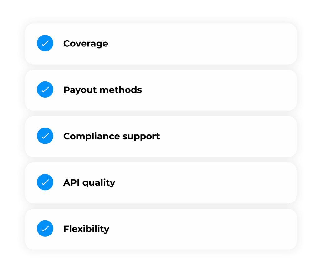 List of things to consider when choosing the right payment provider for a sending payouts