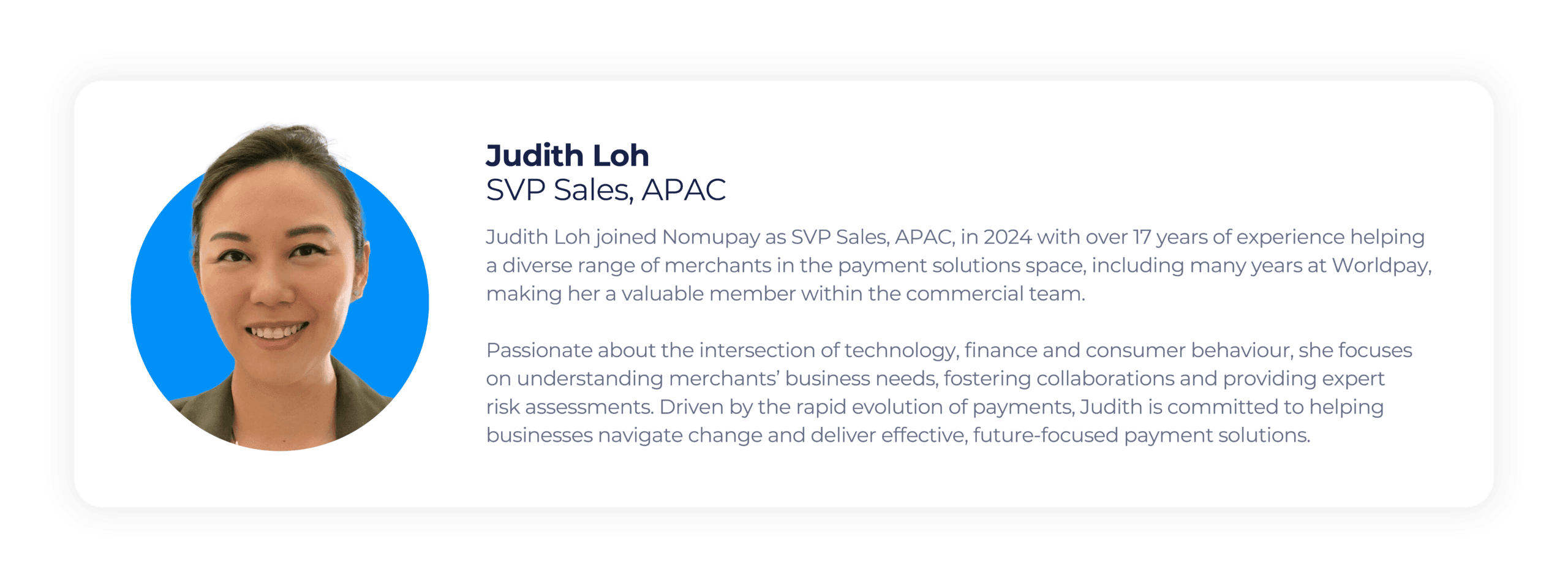 Profile of Judith Loh, with picture and background experience